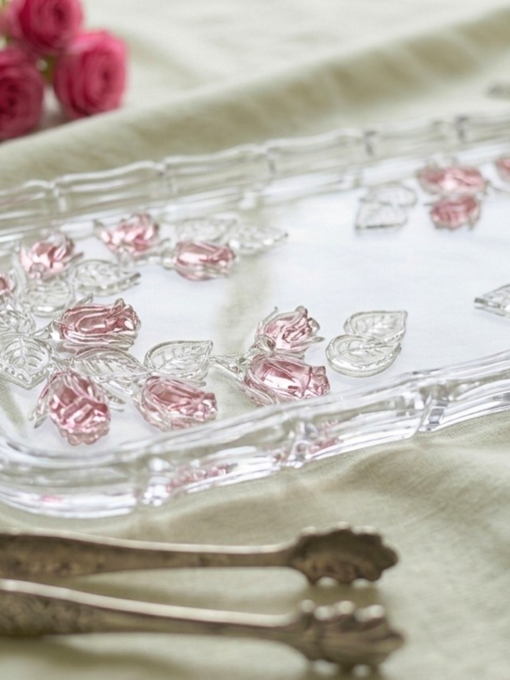 Mikasa Rosella Pink Rose Embossed Rectangular Clear Crystal Glass Serving Tray